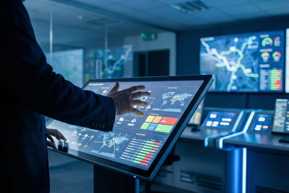 Business professionals reviewing supply chain data